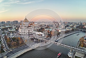 Sunset view of Moscow Cathedral of Christ the Savior in Moscow, Russia. Moscow river and patriarchal bridge. Aerial view