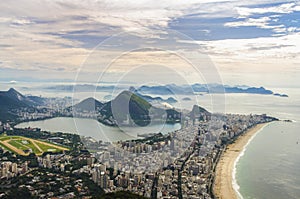 Sunset view of mountain Sugar Loaf and Botafogo in Rio de Janeiro. Brazil