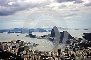 Sunset view of mountain Sugar Loaf and Botafogo in Rio de Janeiro. Brazil