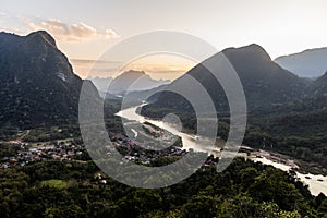 Sunset view of Muang Ngoi Neua village and Nam Ou river from Phanoi viewpoint, La