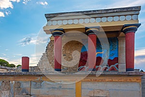 Sunset view of the north entrance to Knossos palace at Greek isl