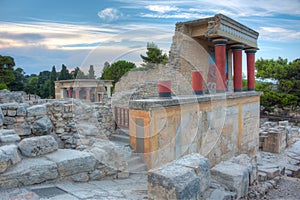 Sunset view of the north entrance to Knossos palace at Greek isl
