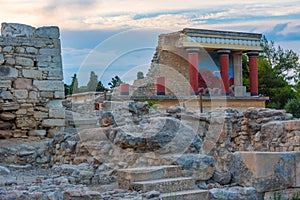 Sunset view of the north entrance to Knossos palace at Greek isl
