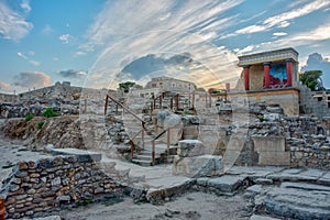 Sunset view of the north entrance to Knossos palace at Greek isl