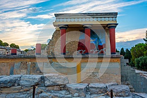 Sunset view of the north entrance to Knossos palace at Greek isl