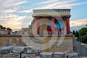 Sunset view of the north entrance to Knossos palace at Greek isl