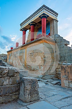 Sunset view of the north entrance to Knossos palace at Greek isl