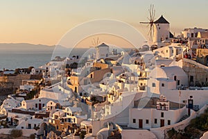 Sunset view of Oia town on Santorini in Greece