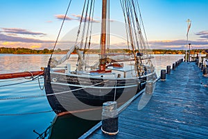 Sunset view of old boats at marina in Svendborg, Denmark