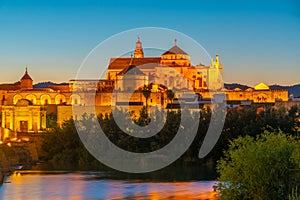 Sunset view of the old roman bridge in the spanish city cordoba