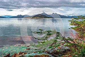 Sunset view over Ensenada Zaratiegui Bay in Tierra del Fuego Nat