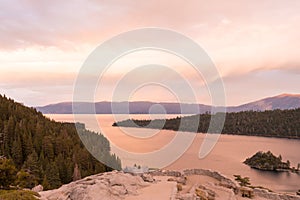 Sunset view over Fannette Island at Emerald Bay in Lake Tahoe