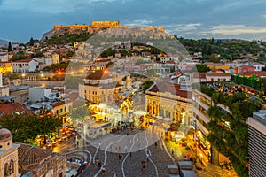 Sunset view over Monastiraki square in Athens, Greece