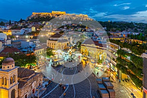 Sunset view over Monastiraki square in Athens, Greece