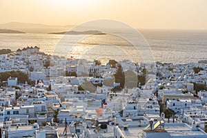 Sunset view over Mykonos in Greece