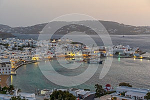 Sunset view over Mykonos in Greece