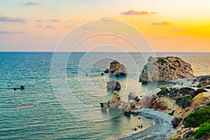 Sunset view over Petra tou Romiou alas Aphordite\'s rock on Cyprus