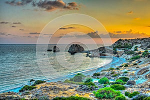 Sunset view over Petra tou Romiou alas Aphordite\'s rock on Cyprus