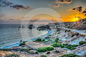 Sunset view over Petra tou Romiou alas Aphordite\'s rock on Cyprus