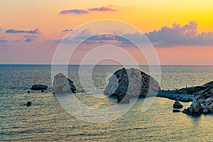 Sunset view over Petra tou Romiou alas Aphordite\'s rock on Cyprus