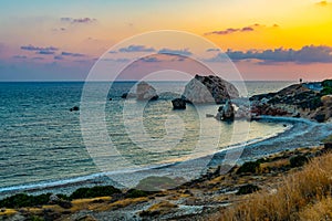 Sunset view over Petra tou Romiou alas Aphordite\'s rock on Cyprus