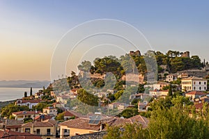 Sunset view over the picturesque coastal town of Kyparissia located in northwestern Messenia, Trifylia, Peloponnese, Greece