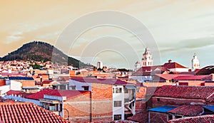 Sunset view over the roofs of the city of Sucre, Bolivia