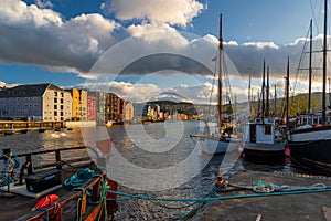 Sunset view over the Trondheim harbour, Norway