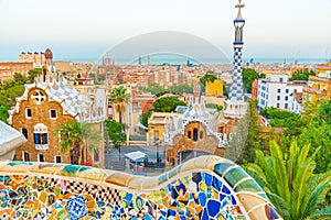 Sunset view of Parc Guell in Barcelona, Spain