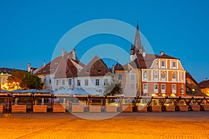 Sunset view of Piata Mica in Sibiu, Romania