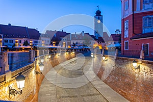 Sunset view of Piata Mica in Sibiu, Romania