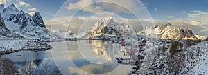 Sunset view of the picturesque fishing village of Reine