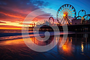 Sunset view of the pier and ferris wheel at Brighton Beach, England, Santa Monica pier at sunset, AI Generated