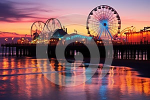 Sunset view of the pier and the ferris wheel in San Francisco, Santa Monica pier at sunset, AI Generated