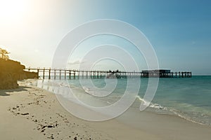 Sunset view on pier in ocean in Zanzibar