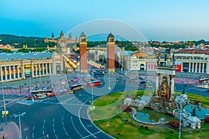 Sunset view of Placa d'espanya in Barcelona, Spain photo