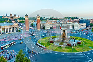 Sunset view of Placa d'espanya in Barcelona, Spain photo