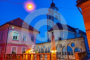 Sunset view of Plecnik staircase and arcades in Kranj, Slovenia