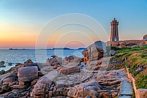 Ploumanac`h Lighthouse in Perros-Guirec on the Pink Granite Coast. photo