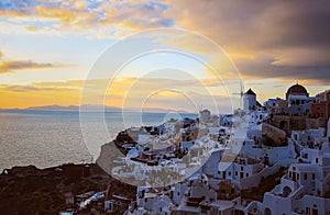 The sunset view point of the landmark view in Oia, Santorini. Image of famous village Oia located at one of Cyclades island of