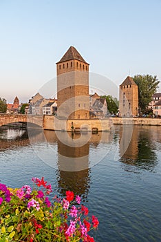 Sunset view of Ponts Couverts at Strasbourg in France