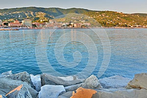 Sunset view from the port. Lavagna. Liguria. Italy