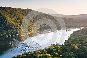 Sunset view of the Potomac River, from Weverton Cliffs, near Harpers Ferry, West Virginia