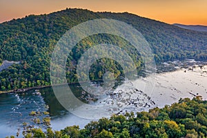 Sunset view of the Potomac River, from Weverton Cliffs, near Harpers Ferry, West Virginia