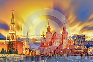 Sunset view of the Red Square, Moscow Kremlin, Lenin mausoleum, historican Museum in Russia. World famous Moscow landmarks for