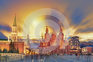 Sunset view of the Red Square, Moscow Kremlin, Lenin mausoleum, historican Museum in Russia. World famous Moscow landmarks for tou