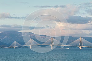 A sunset view on the Rion-Antirion bridge near Patras, Greece