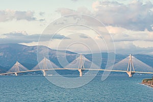 A sunset view on the Rion-Antirion bridge near Patras, Greece