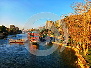 Sunset view at River Nile at Fish boat in Cairo in Egypt