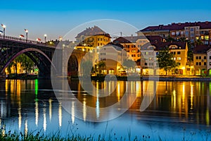 Sunset view of riverside of Drava river in Maribor, Slovenia